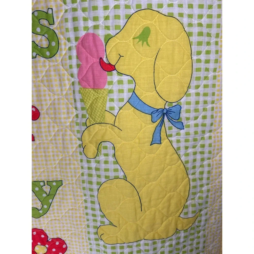 Baby Quilt Blanket That's Our Baby Teddy Bear‎ Bunny Ducks Train VINTAGE Yellow